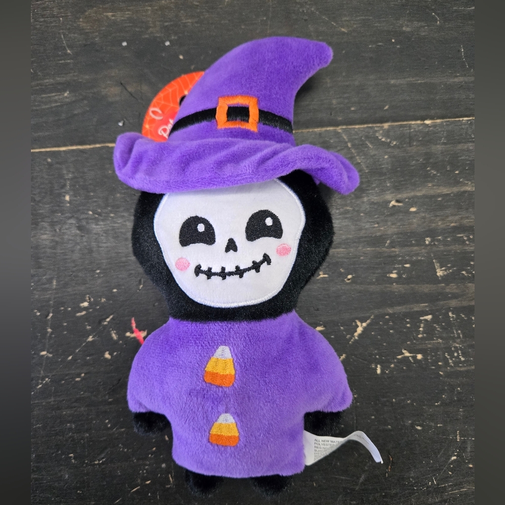 Purple Witch Skeleton Plush Dog Squeakee Toy